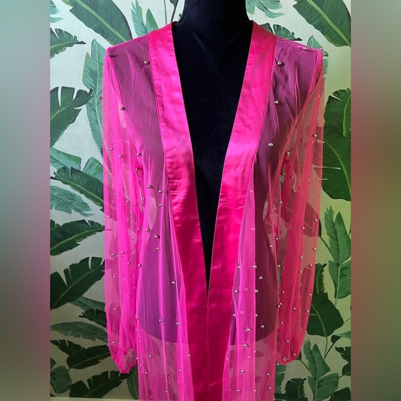 Pink Lily Womens Pink Sheer Silver Pearled Duster Open Front Jacket Medium NWOT - Picture 2 of 7